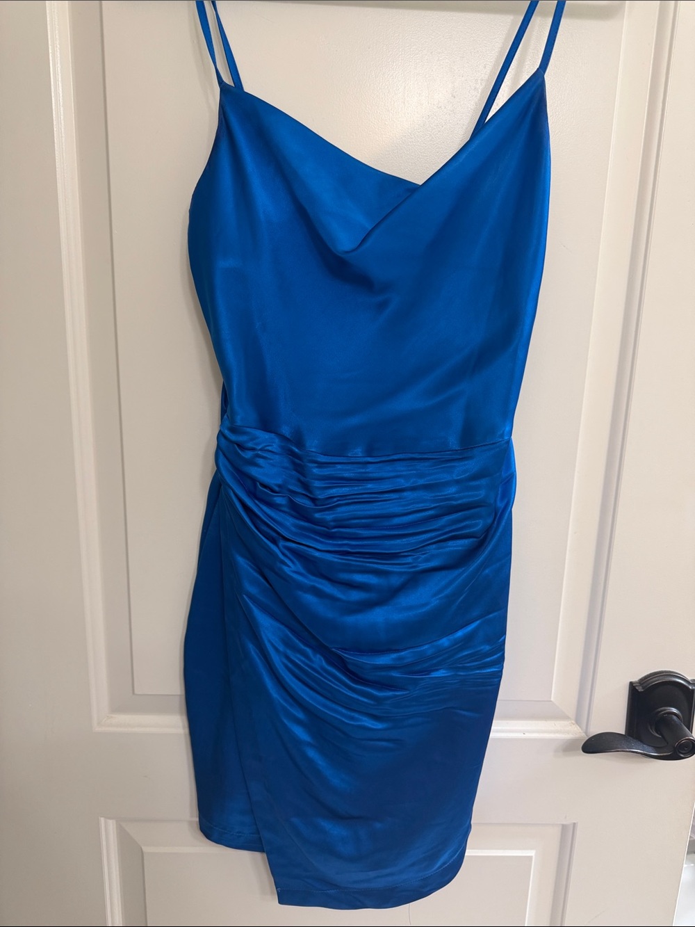 Zara Royal Blue Satin Cowl Ruched Mini Dress